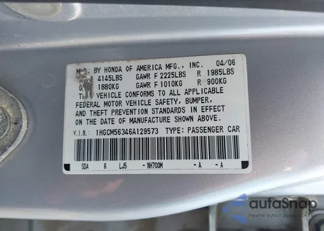 2006 Honda Accord 2.4 Se из США, поврежденный, VIN 1HGCM56346A129573